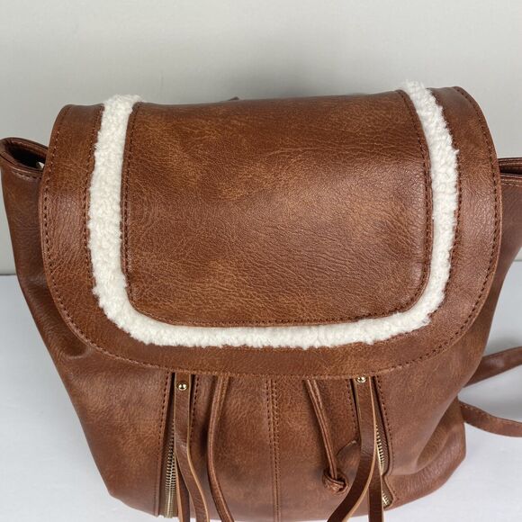 Cognac Backpack Bag Shearling Faux Leather Vegan Western Boho Festival NWT - Picture 2 of 6